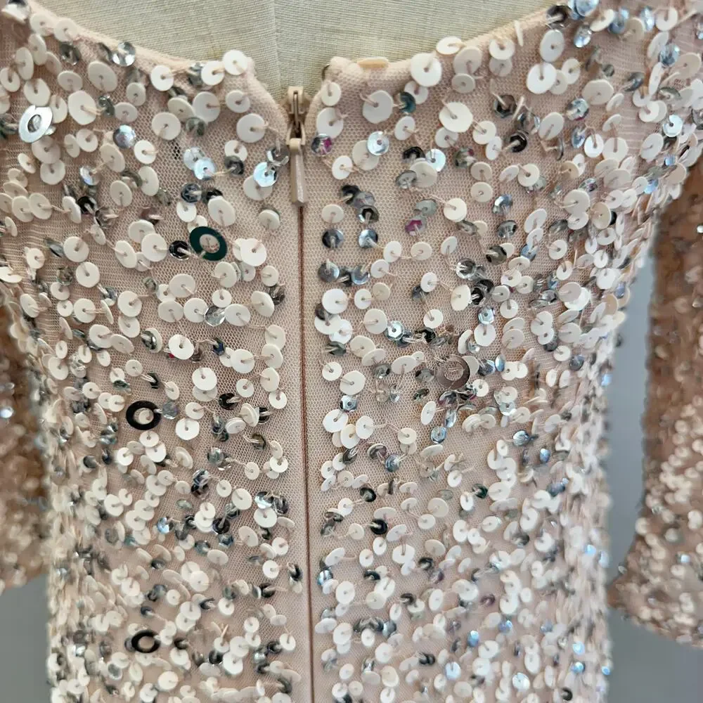 Adrianna Papell 3/4 Sleeve Scoop Back Champagne Sequin‎ Maxi Gown Size 4